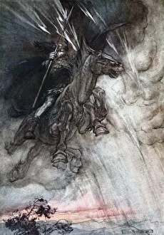 Furiously Wotan is riding to the rock. Illustration for The Rhinegold and The Valkyrie by Richard Artist: Rackham