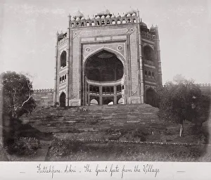 Bourne Samuel Prints: Futtehpore Sikri, The Great Gate from the Village, Late 1860s. Creator: Samuel Bourne
