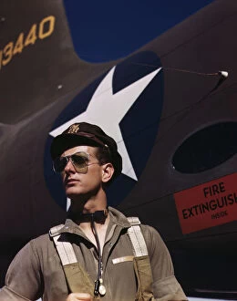 F.W. Hunter, Army test pilot, Douglas Aircraft Company plant at Long Beach, Calif. 1942. Creator: Alfred T Palmer