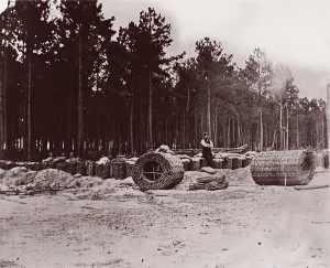 Sandbags Prints: Gabions in Engineers Camp, Petersburg, 1864. Creator: Tim O Sullivan