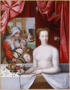 Amusing Gallery: Gabrielle d?Estrees in the bath, c. 1598. Artist: Master of the School of Fontainebleau