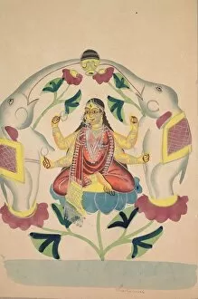 Kalighat Painting Gallery: Gajalakshmi: Lakshmi with Elephants, 1800s. Creator: Unknown