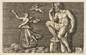 Marco Dente Gallery: Galatea escaping Polyphemus; he is seated on a rock holding a staff and pipes and... ca
