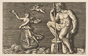 Dente Marco Prints: Galatea escaping Polyphemus; he is seated on a rock holding a staff and pipes and... ca