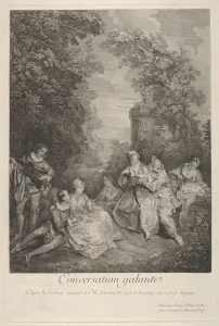Jacques Philippe Prints: Gallant conversation (Conversation galante): couples engage in conversation in a garden