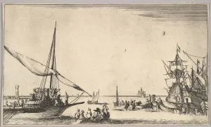 A galley arriving at port to left, several rowboats in center, ships at port to right A galley arriving at port to left, several rowboats in center, ships at port to right