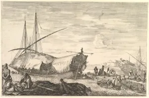 A galley covered in sails to left, six cannons and four people to left in foregroun