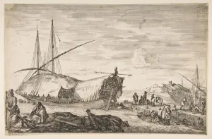 Leghorn Prints: A galley covered in sails to left, six cannons and four people to left in foreground