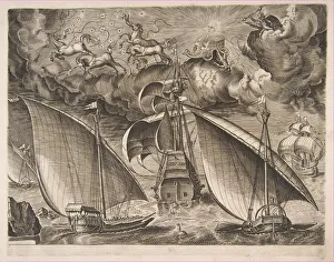 Oarsman Collection: Two Galleys Sailing Behind an Armed Three-Master with Phaeton and Jupiter in the Sky, f