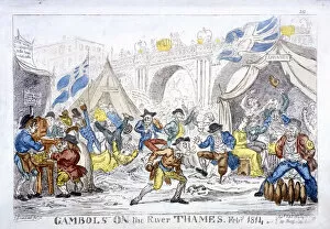 Blackfriars Bridge Gallery: Gambols on the River Thames, Feby, 1814. Artist: George Cruikshank