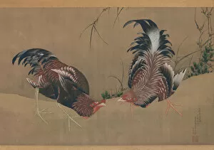 Cock Fight Gallery: Gamecocks, dated 1838. Creator: Hokusai