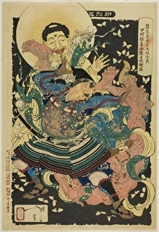 Tsukioka Yoshitoshi Gallery: Gamo Sadahides Servant, Toki Motosada, Hurling a Demon King to the Ground at Mount Inahan... 1890