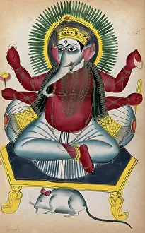 Underneath Prints: Ganesha enthroned holding his symbols with his rat. Creator: Unknown