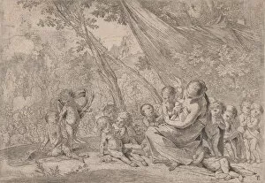 The garden of charity, woman representing Charity at right surrounded by children