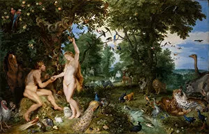 Animals And Birds Collection: The Garden of Eden with the Fall of Man, c. 1615. Creator: Brueghel, Jan, the Elder (1568-1625)