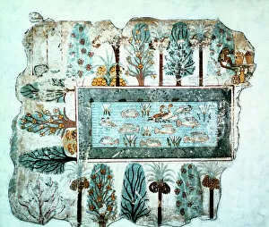 Aquatic Life Collection: A garden pool: fragment of wall painting, Egyptian, 18th Dynasty, c1350 BC