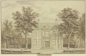 Elevation Prints: Garden with a yew hedge and a house between two Trees