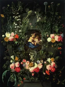 Cartouche Prints: Garland of Flowers Around a Cartouche with Jesus and St John the Baptist as Children