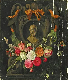 Bust Prints: Garland of Flowers around the the Bust an Old Man in a Cartouche