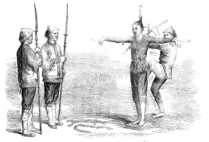 Death Sentence Prints: Garotting a Chinese Criminal - from a drawing by a Chinese artist, 1857. Creator: Unknown