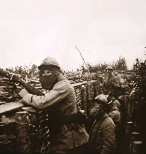 Gas Mask Prints: Gas alert in trenches, Champagne, northern France, 1916