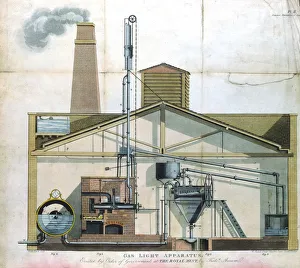 Chimney Prints: Gas lighting apparatus at Royal Mint, London, 1819. Artist: Friedrich Accum