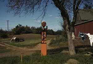 Clothesline Prints: Gas pump with clothesline, barn and horse-drawn wagon in background