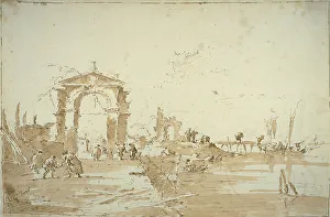 Guardet Francesco Prints: Gateway Near a Landing Bridge, 1780/85. Creator: Francesco Guardi