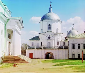 Gateway into Nil's Hermitage [St Nil Stolbensky Monastery, Lake Seliger], 1910. Creator: Sergey Mikhaylovich Prokudin-Gorsky