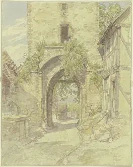 1880 Prints: Gateway in Waldeck with a view of a road leading downhill, 1880. Creator: Peter Becker
