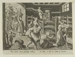 The Gathering of Mulberry Leaves and the Feeding of the Silkworms, Plate 5 from 'The I..., ca. 1595