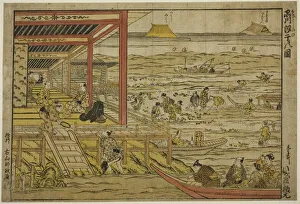 Seaside Gallery: Gathering Shellfish at Low Tide at Shinagawa (Shinagawa shiohigari no zu), 1740s