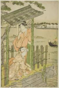 Eishi Chobunsai Prints: Gathering at a Teahouse on the Bank of the Sumida River, c. 1788/90. Creator: Hosoda Eishi