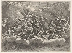 Gathering of various Olympian gods and mythological figures among clouds, Apollo at ce Gathering of various Olympian gods and mythological figures among clouds, Apollo at ce