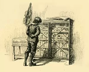 Bookshelf Collection: Gazing At Its Covers Through the Lattice Doors of the Cupboard, (1907). Creator: Unknown