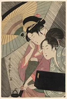 Rain Collection: Geisha and Attendant on a Rainy Night, Japan, c. 1797. Creator: Kitagawa Utamaro