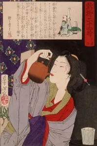 Kitchenware Prints: Geisha Drinking from Sake Kettle at 2:00 a.m. 1880. Creator: Tsukioka Yoshitoshi