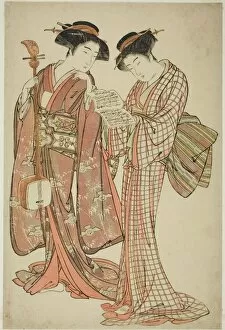Shamisen Gallery: Two Geisha Holding a Shamisen and a Song Book, c. 1777. Creator: Kitao Shigemasa