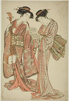 Geisha Prints: Two Geisha Holding a Shamisen and a Song Book, c. 1777. Creator: Kitao Shigemasa