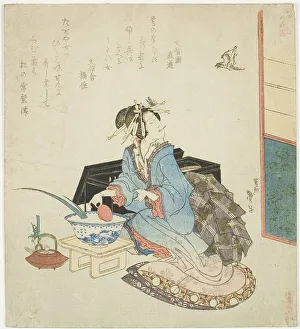 Shikishiban Surimono Prints: Geisha looking up at a cuckoo, from the series Five Annual Festivals for the Katsushika