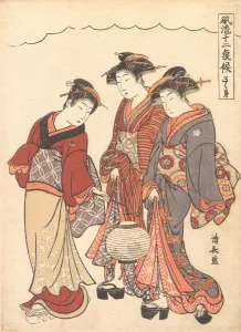 Kiyonaga Prints: Two Geisha Preceded by a Maid Carrying a Lantern, ca. 1778. Creator: Torii Kiyonaga