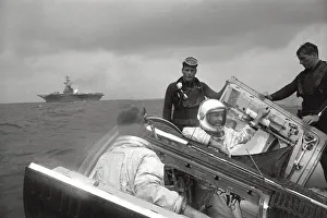 Astronauts Gallery: Gemini 9 crew waves to the Wasp, 1966. Creator: NASA