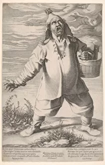 Fool Gallery: Geminiano Caldarostaro crying out and holding a tub, with a tasseled hat, ca. 1597-1601