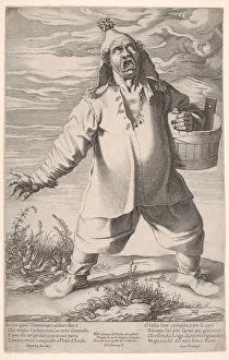 Fool Gallery: Geminiano Caldarostaro crying out and holding a tub, with a tasseled hat, ca. 1597-1601