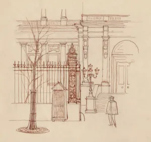 Gendarme Prints: Gendarme outside classical building, Paris, 1951. Creator: Shirley Markham