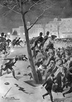 Gendarmes charging the rioters in the Place des Grand Sablons, Brussels, Belgium, 1902.Artist: G Amato Gendarmes charging the rioters in the Place des Grand Sablons, Brussels, Belgium, 1902.Artist: G Amato