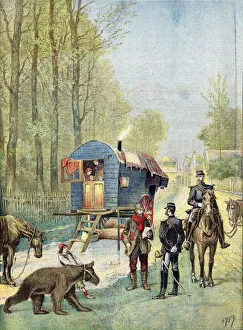 Gendarmes taking census forms to an encampment of itinerant gipsies in their caravan, 1895