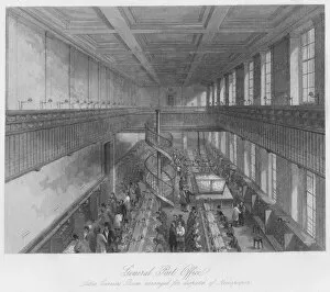 Spiral Staircase Gallery: General Post Office. Letter Carriers Room arranged for dispatch of Newspapers, c1841