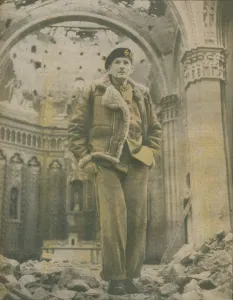 General Sir Bernard Montgomery, surveys the shell-torn ruins of Fossacesia, 1944-1944