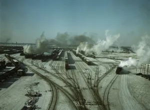 General view of one of the classification yards of the C & NW RR, Chicago, Ill. 1942. Creator: Jack Delano
